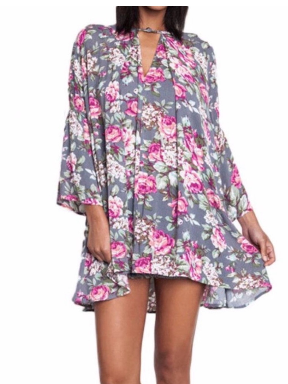 Umgee Sz S Flowy Floral Trapeze Cut Swing Dress 3/4 Bell Sleeves Cotton Gauze